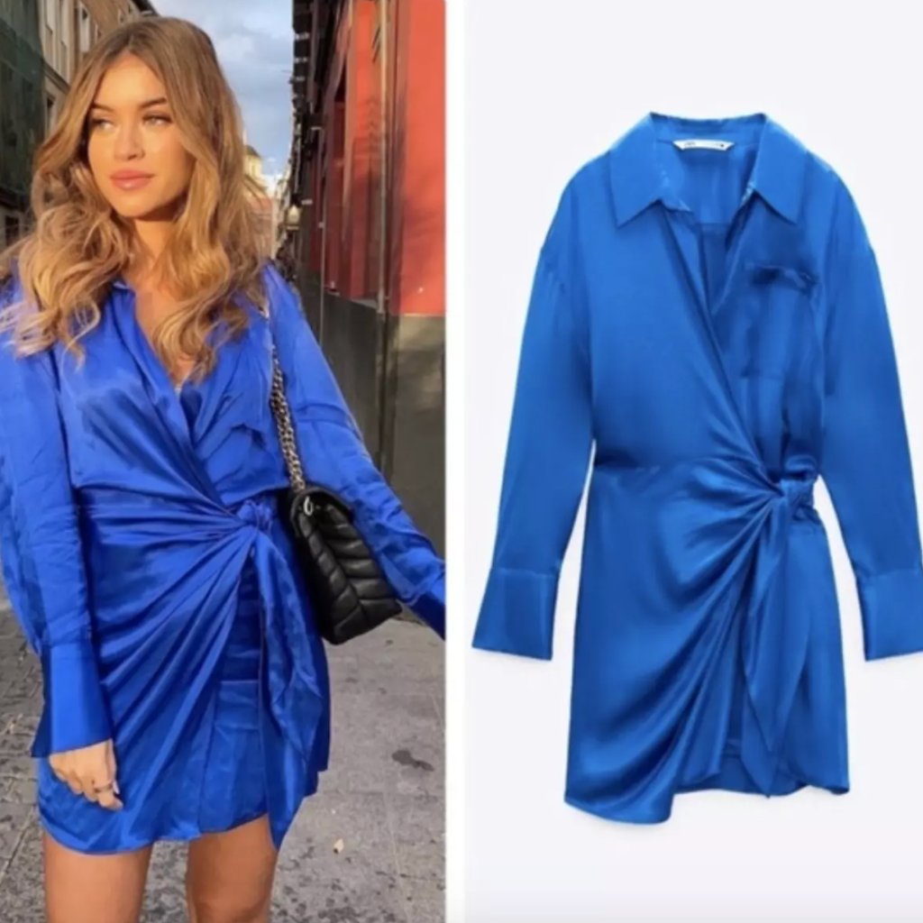 Zara Woman New Bluish Satin Effect Wrap Dress Shirt Mini Dress 2143/256 M
